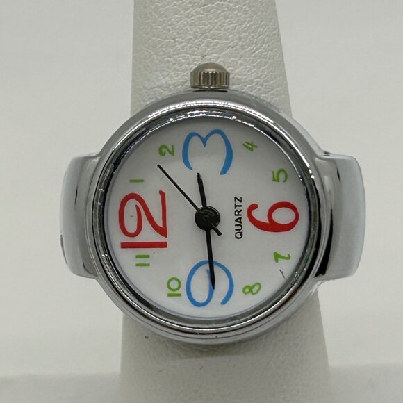 Silver-Tone Stretch Band Ring Quartz Watch With White Face Adjustable Fit Works - Picture 3 of 10